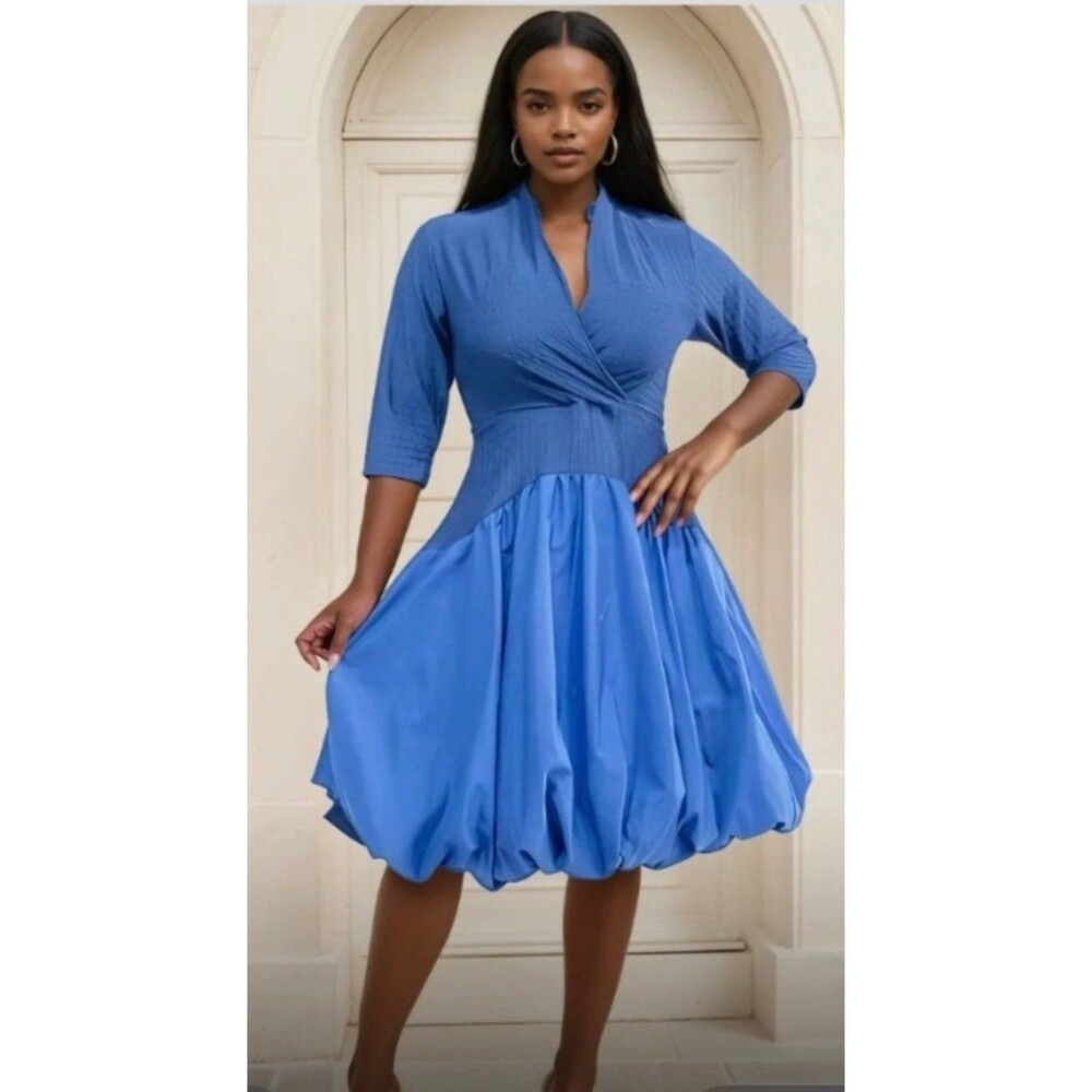 Solid VNeck Balloon MIDI Dress - Medium
